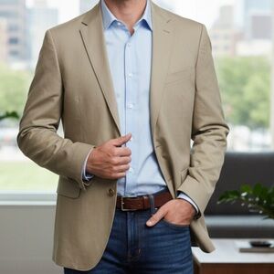 J. Crew Mens Three Button Jacket Tan Beige Khaki Italian Fabric 44 L business